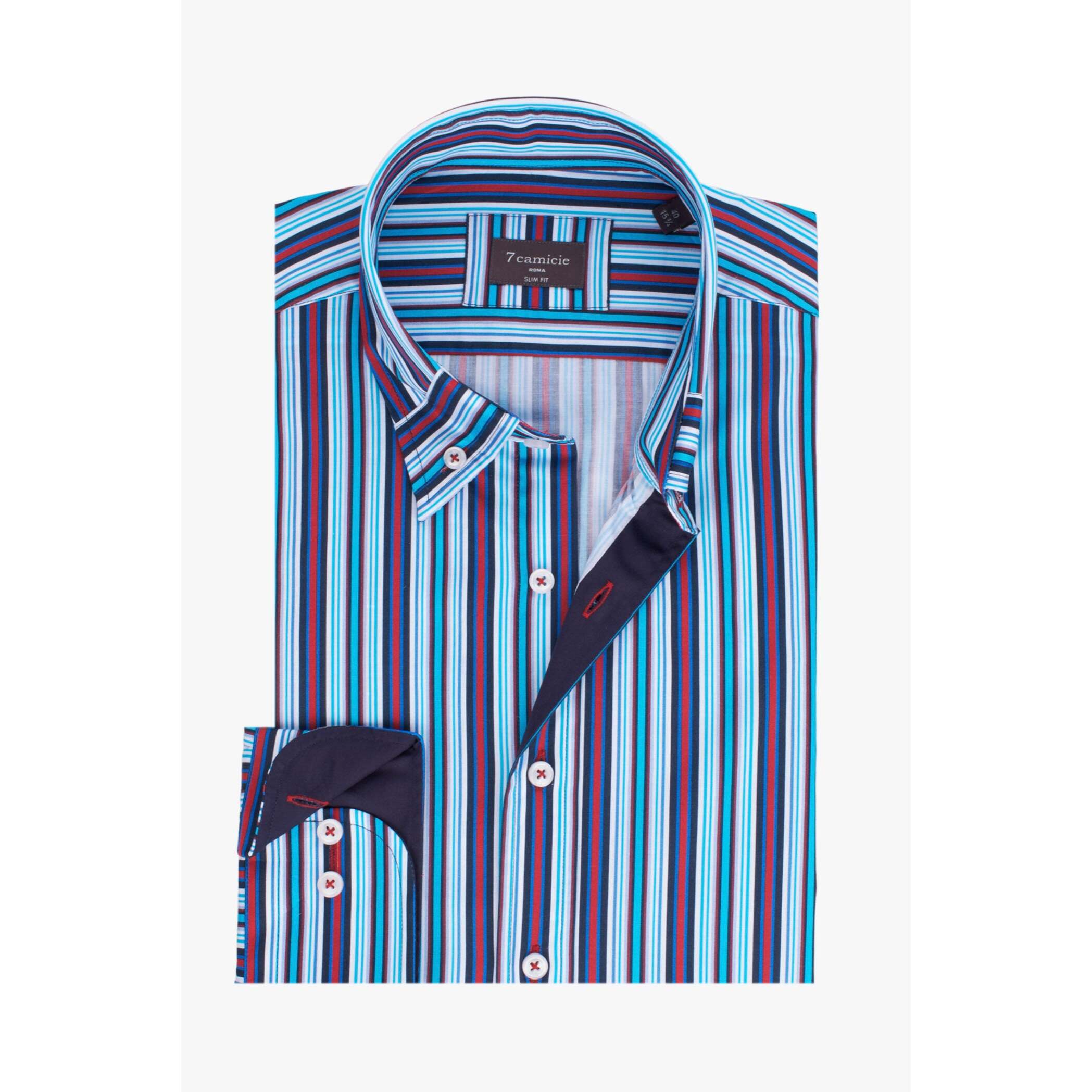 Camicia Uomo 1 Bottone Button Down Slim Popeline Stampato Blu/Celeste