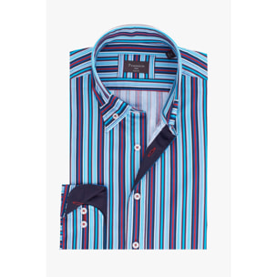 Camicia Uomo 1 Bottone Button Down Slim Popeline Stampato Blu/Celeste