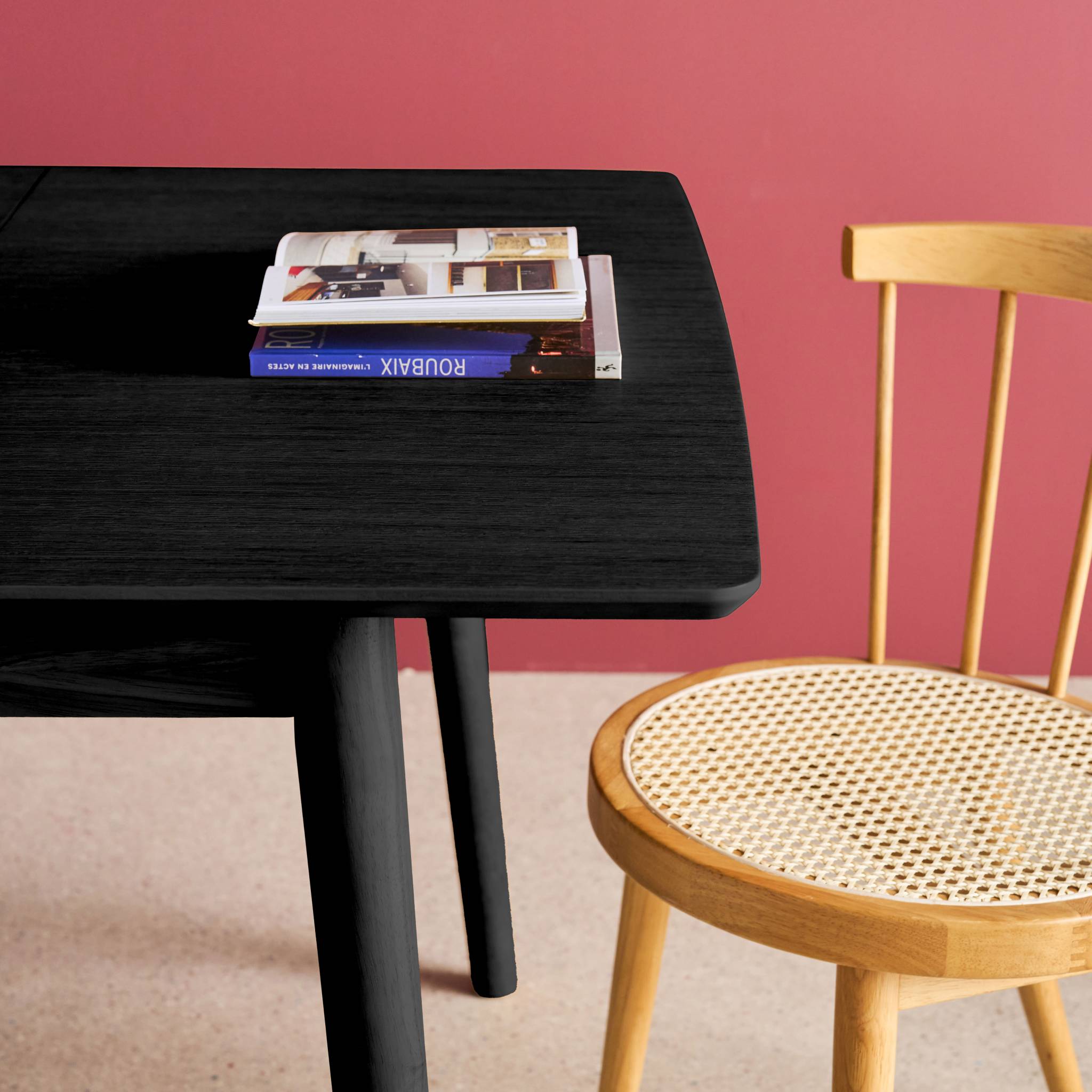 Table à manger rectangulaire extensible bois d'hévéa et placage chêne noir 4-6 places - 110/140 x 100 x 75 cm - Lina