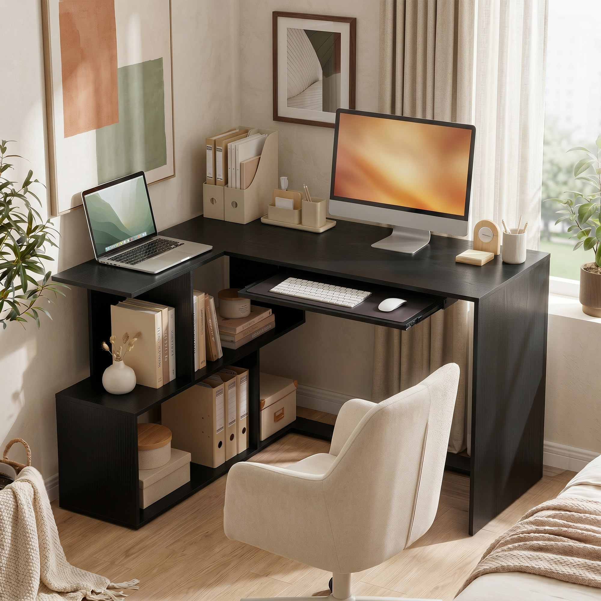 Bureau informatique - bureau d'angle 120 x 100 cm - tablette coulissante clavier, 4 niches - effet bois noir