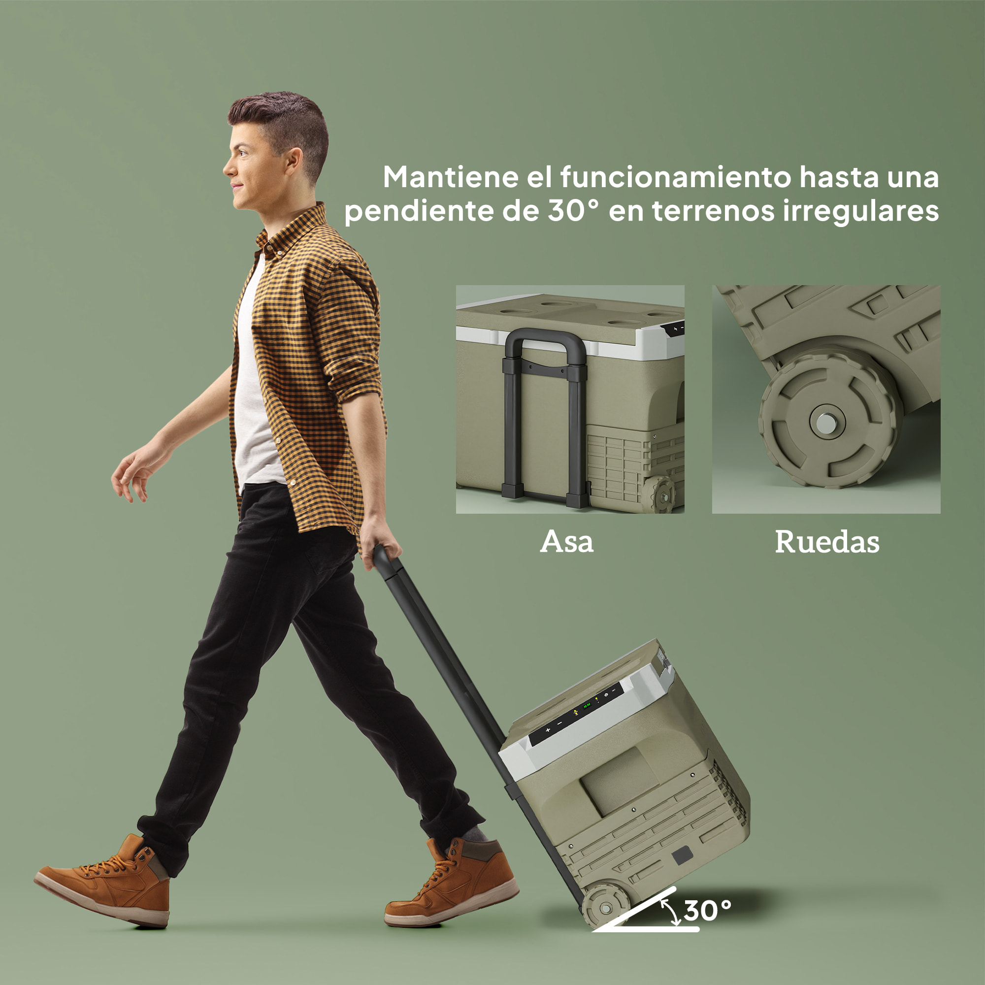 Nevera Portátil Eléctrica 30L Refrigerador de Coche -20℃ a +20 ℃ 12V/24V Mini Frigorífico con Ruedas Compresor Pantalla LED Táctil para Hogar Camping Viajes Automóvil 61x39x41,5 cm Verde