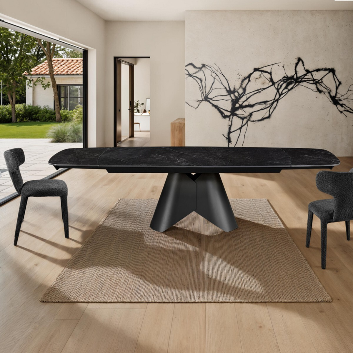 Table à manger extensible Tomasucci KAJA LARGE BLACK MARBLE - GREY, céramique effet marbre noir mat et métal gris mat, 200 à 300 cm