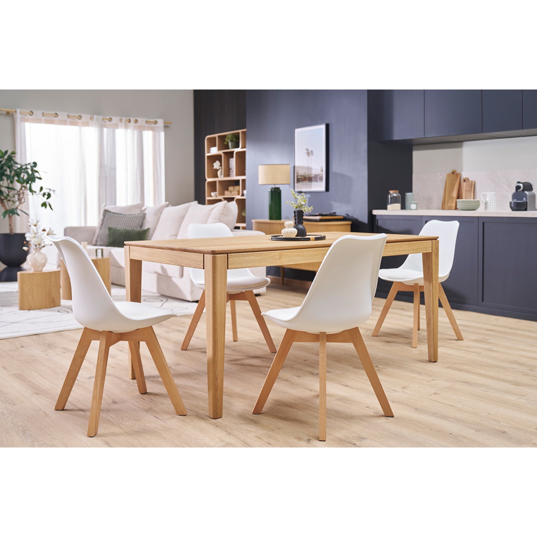 Chaises scandinaves blanc et bois clair massif (lot de 4) PAULINE