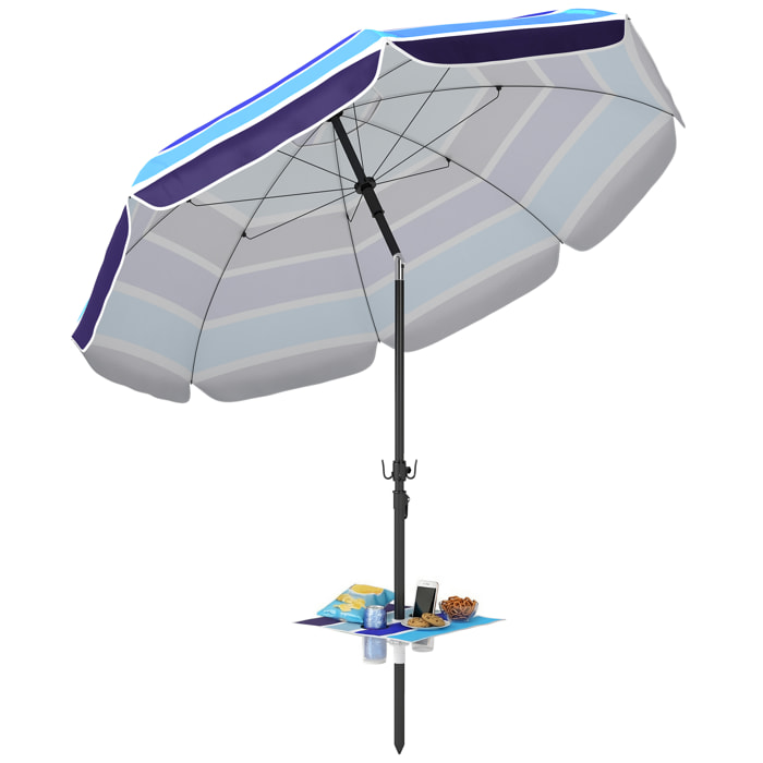 Sombrilla de Playa con Mesa Plegable y Portavasos Ø198 cm, Sombrilla de Terraza Exterior con Altura Ajustable, Inclinación, Bolsa de Transporte y Gancho, UV30+, Multicolor