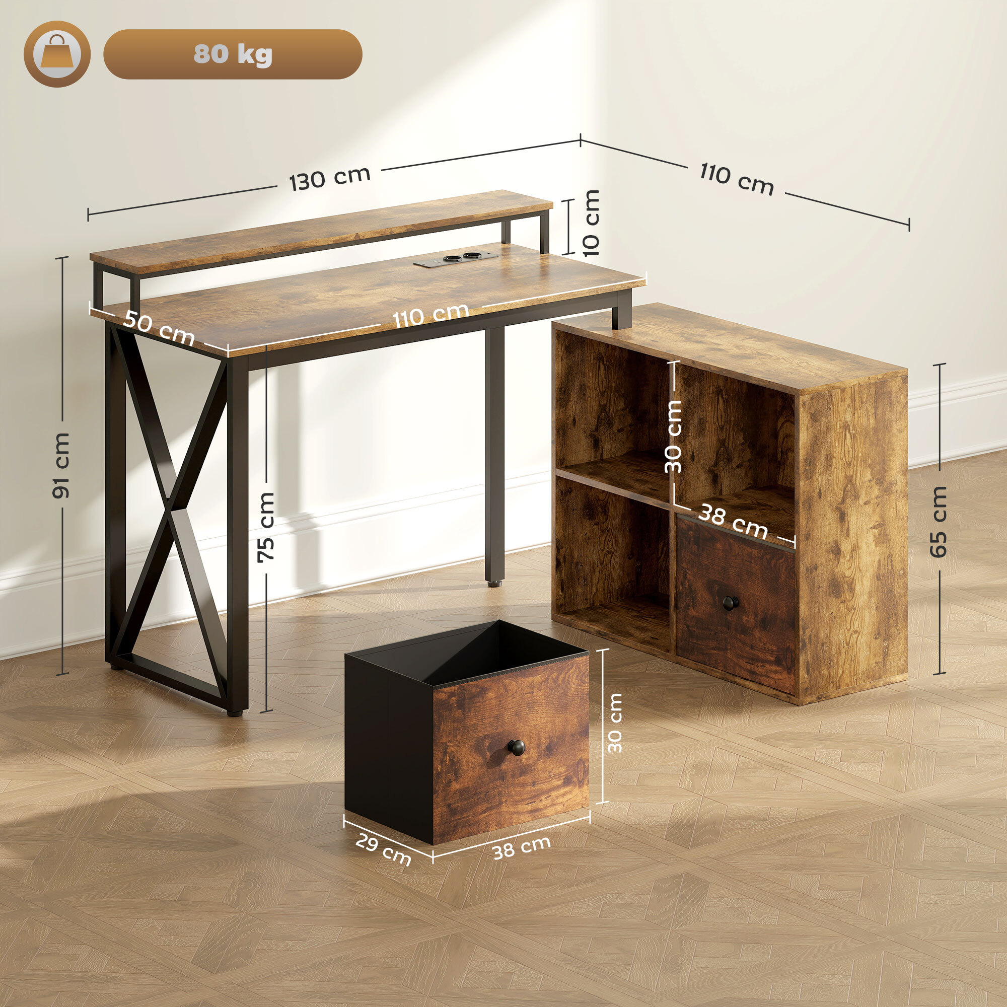 Escritorio Esquinero con Luces LED Escritorio en Forma de L con Estación de Carga 2 Compartimentos 2 Cajones de Tela Soporte para Monitor para Oficina en Casa Marrón Rústico