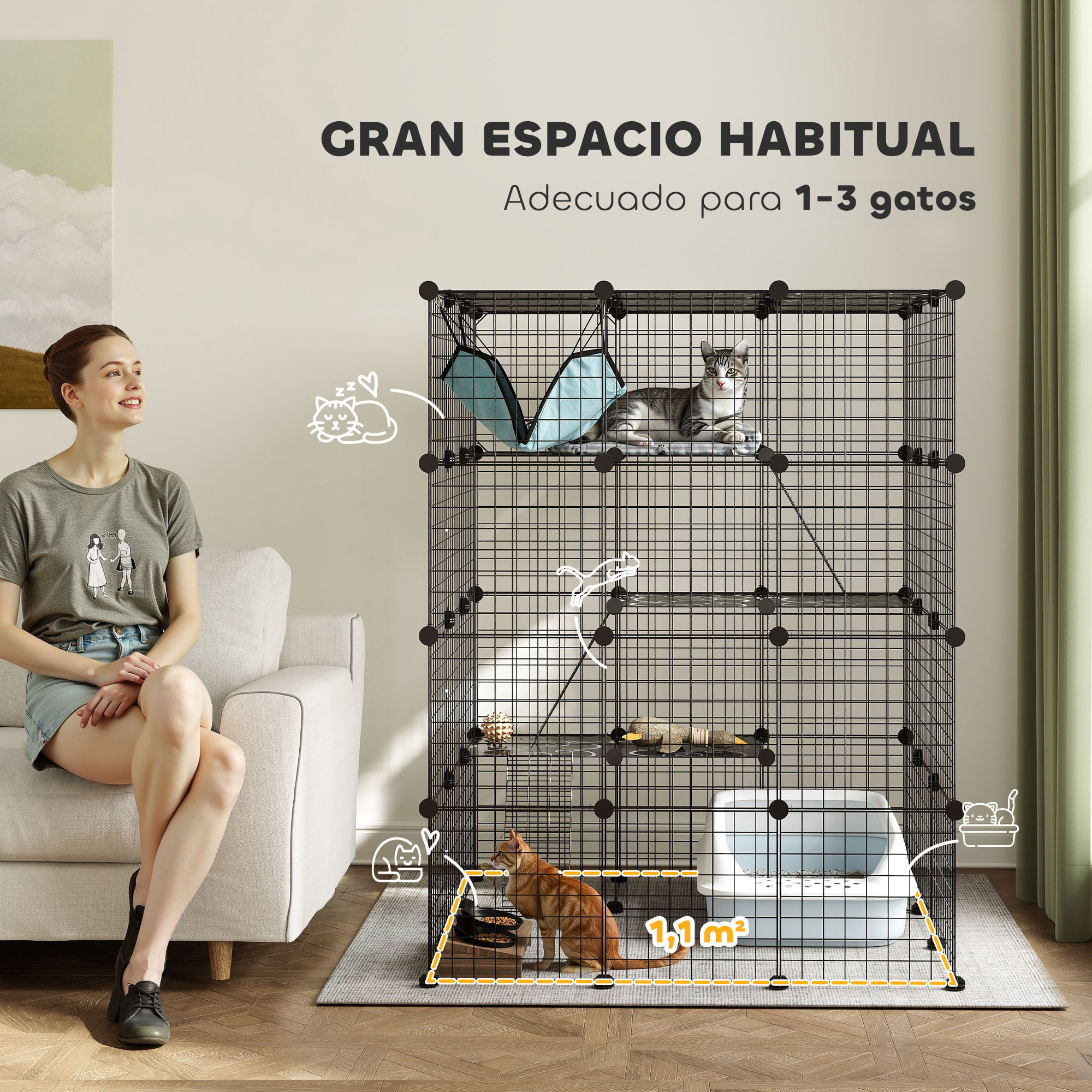 Jaula Grande para Gatos Interior, Recinto para Gatos de 4 Niveles con 5 Puertas, 3 Plataformas de Salto, 3 Rampas, Hamaca, Parque para Mascotas, 105x105x140 cm, Negro
