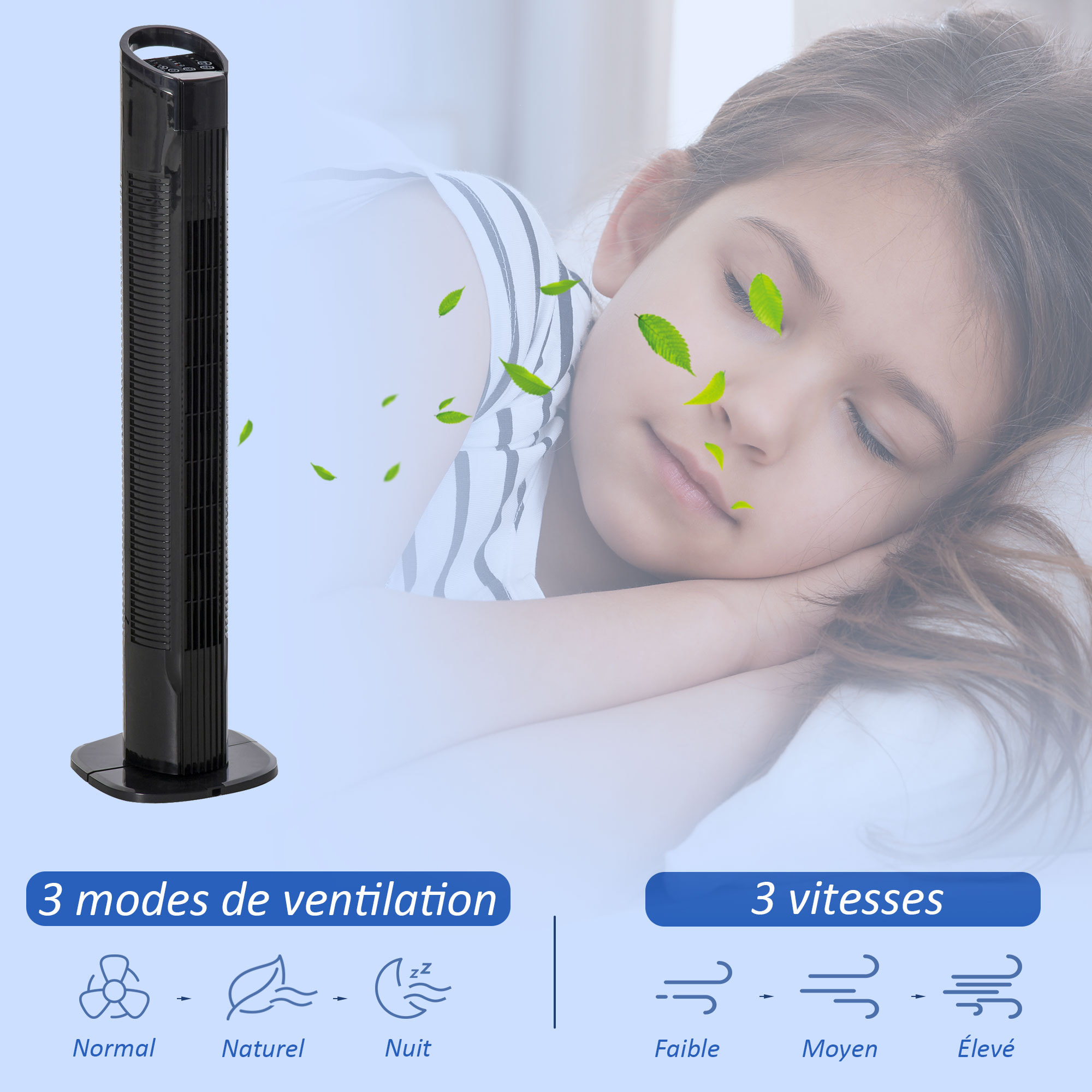 HOMCOM Ventilateur colonne tour oscillant 50 W silencieux télécommande incluse minuterie 3 modes 3 vitesses noir