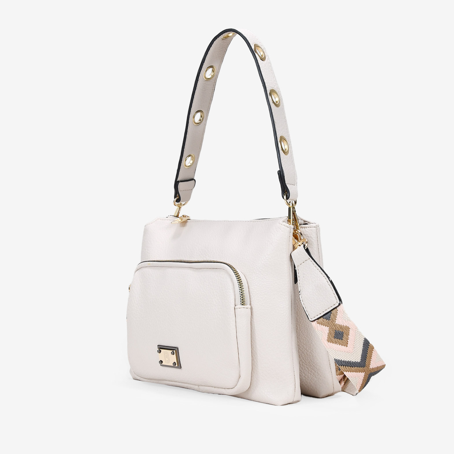 Bolso de hombro beige con asa estampado étnico