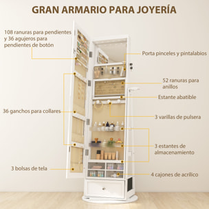Espejo Joyero con Luces LED, Armario para Joyas, Armario Joyero con Espejo Entero, Giratorio de 360°, Cajón, Cerradura, Estantes Abiertos, Soporte para Secador, Blanco