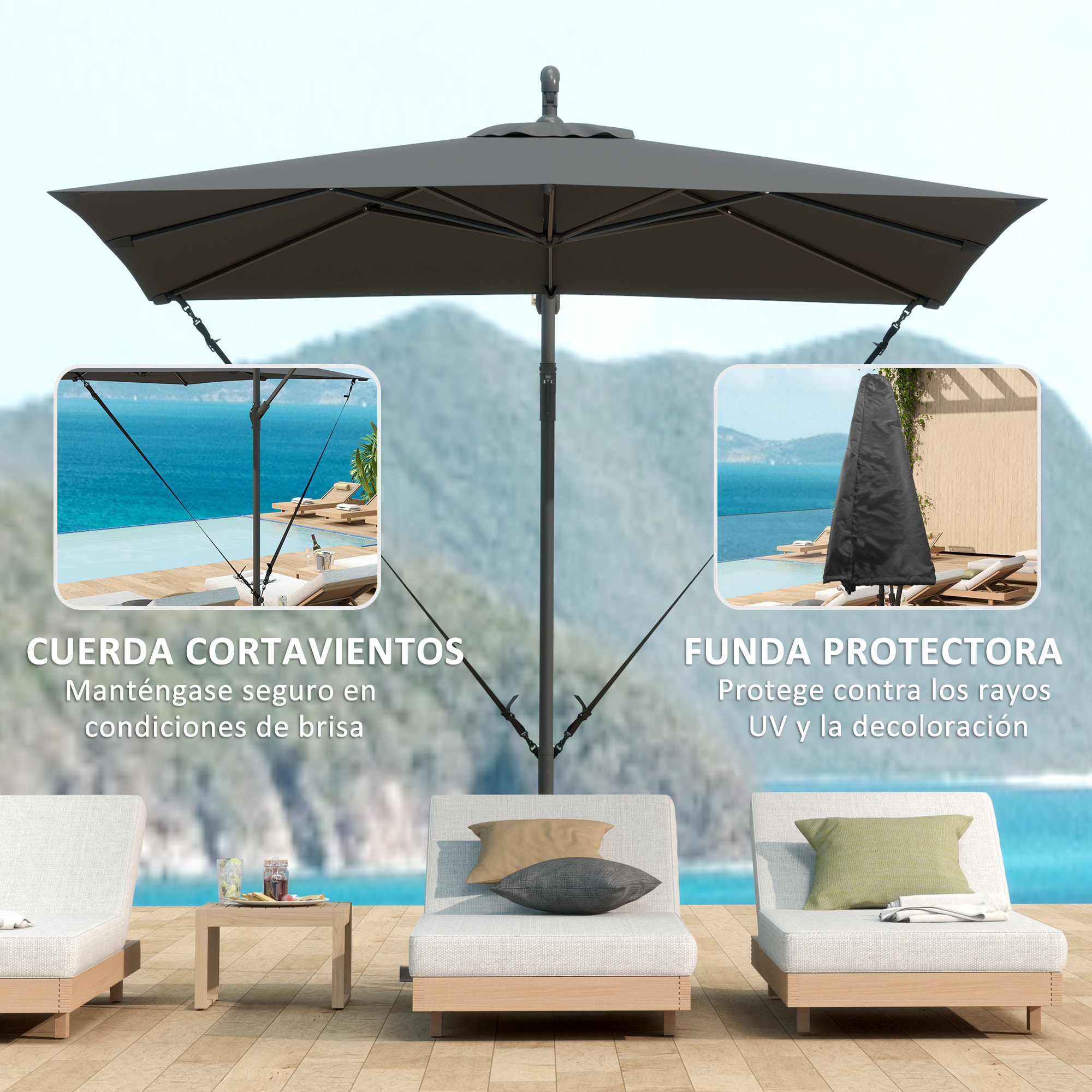 Parasol Excéntrico 247x247 cm Sombrilla de Jardín con Base Cruzada Cubierta Ajustable Manivela Funda Protectora y Cuerda de Viento Anti-UV 50+ Sombrilla para Terraza Patio Gris Oscuro
