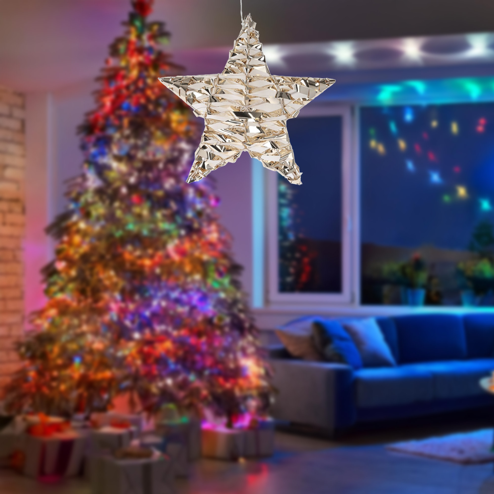 estrella metálica decorativa luminosa con 40 micro led blanco cálido de diseño retorcido 30x8x30cm