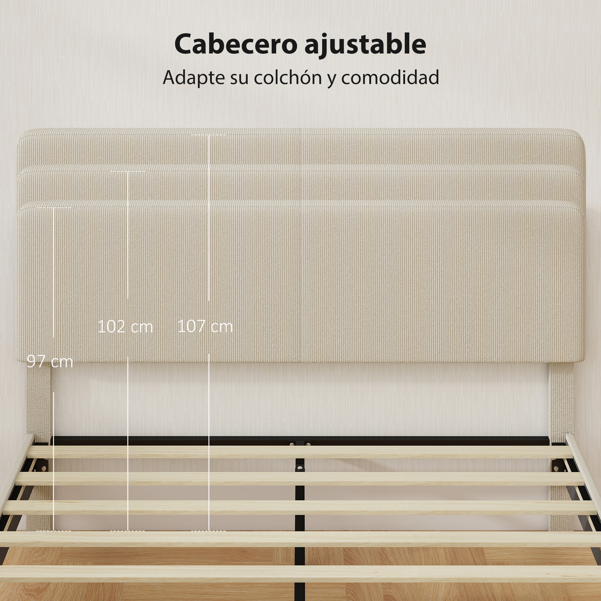 Somier 160x200 cm con Cabecero Ajustable, Estructura de Cama, Tapizado en Pana, Láminas de Madera, Fácil de Montar, Gris Claro
