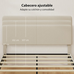 Somier 160x200 cm con Cabecero Ajustable, Estructura de Cama, Tapizado en Pana, Láminas de Madera, Fácil de Montar, Gris Claro
