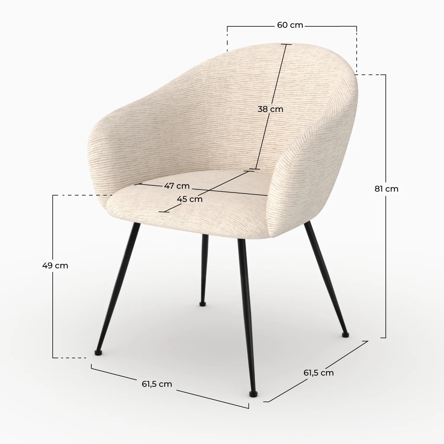 Fauteuil en tissu blanc chiné et pieds en métal noir - Socky