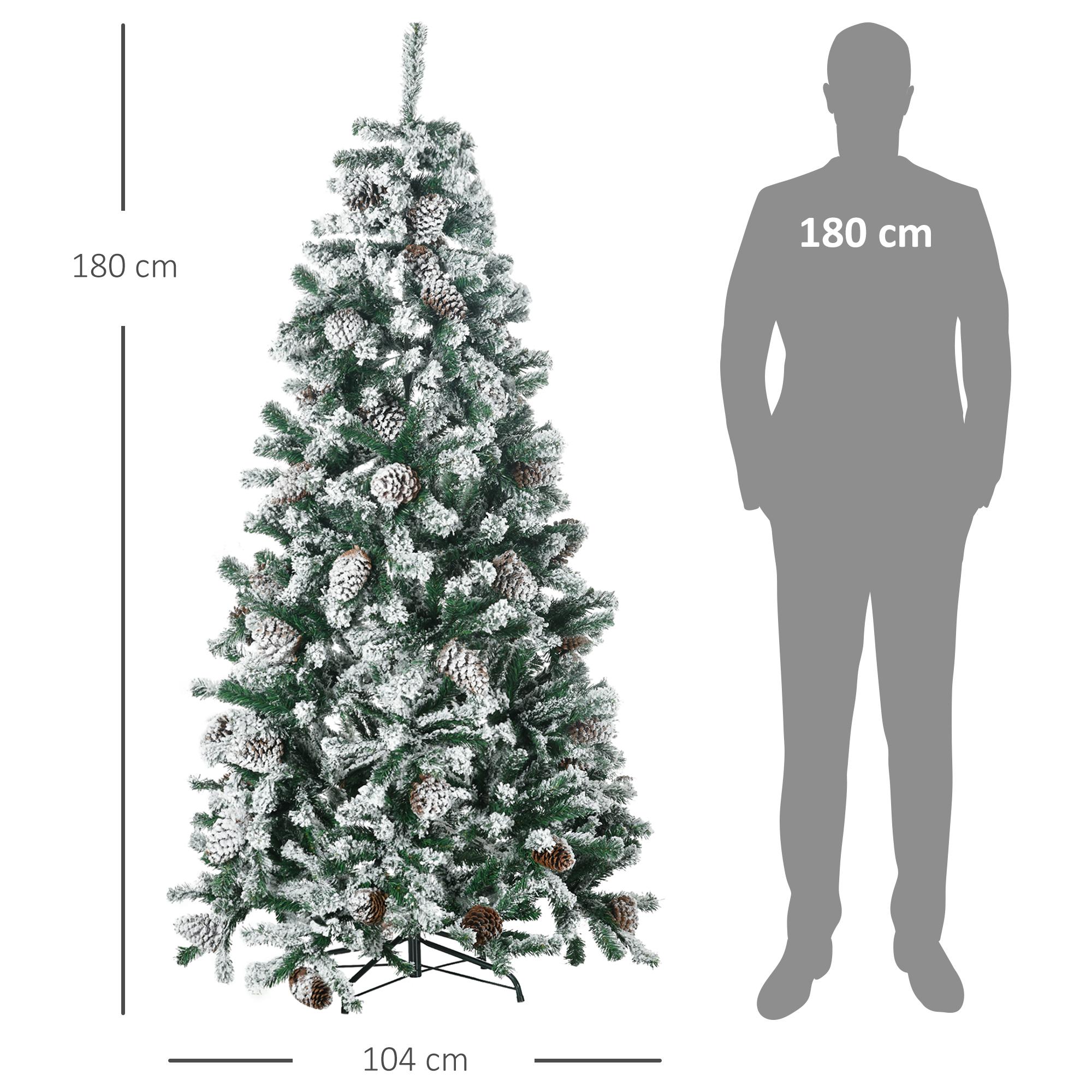 Árbol de Navidad Artificial Altura 180 cm Árbol Nevado con 695 Ramas 57 Piñas Apertura Automática Forma de Torre Base de Acero Plegable Ø104x180 cm Verde