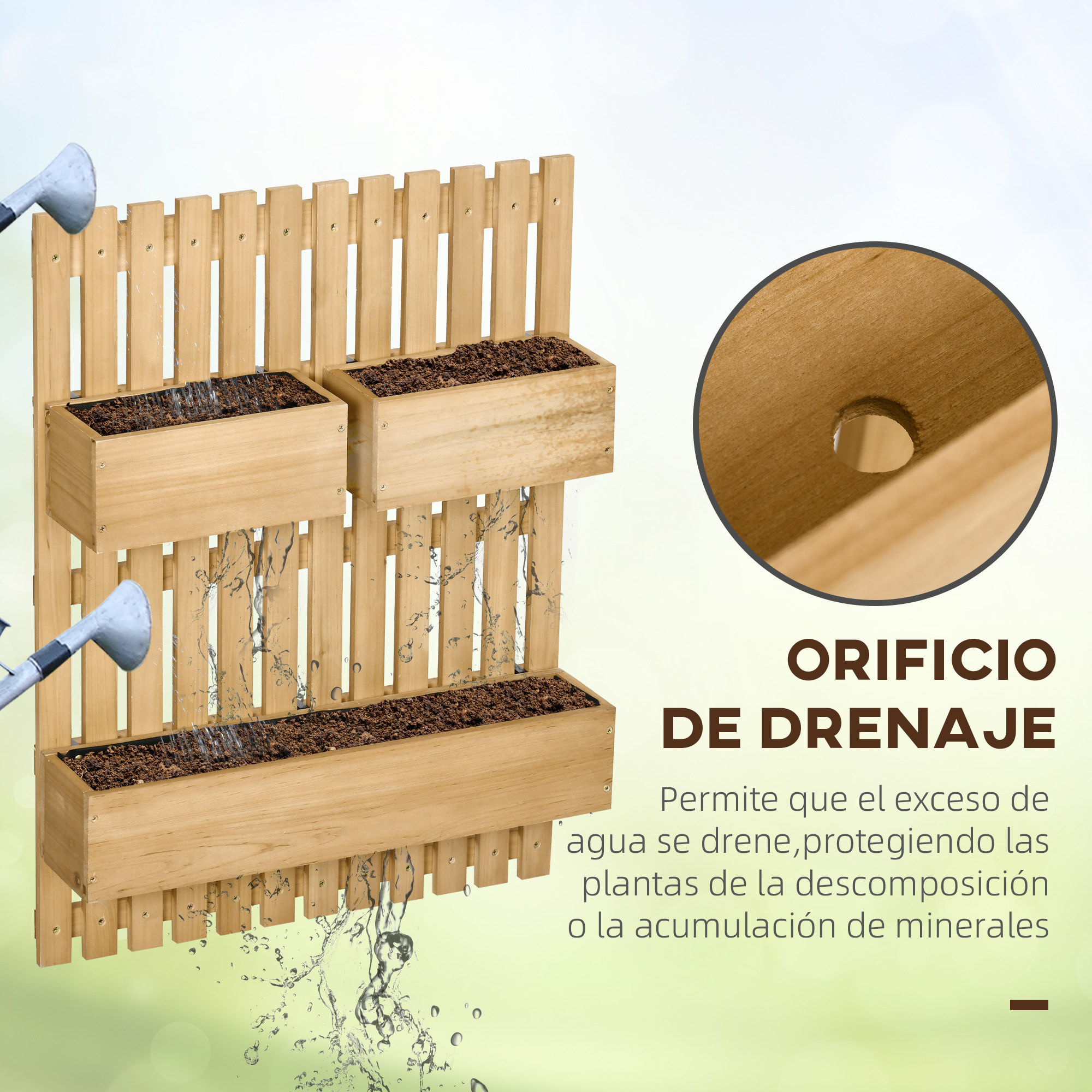 Jardinera de Pared con Enrejado Jardinera Vertical de Madera con 3 Macetas Móviles y Orificio de Drenaje para Jardín Terraza Patio 60x16x80 cm Natural
