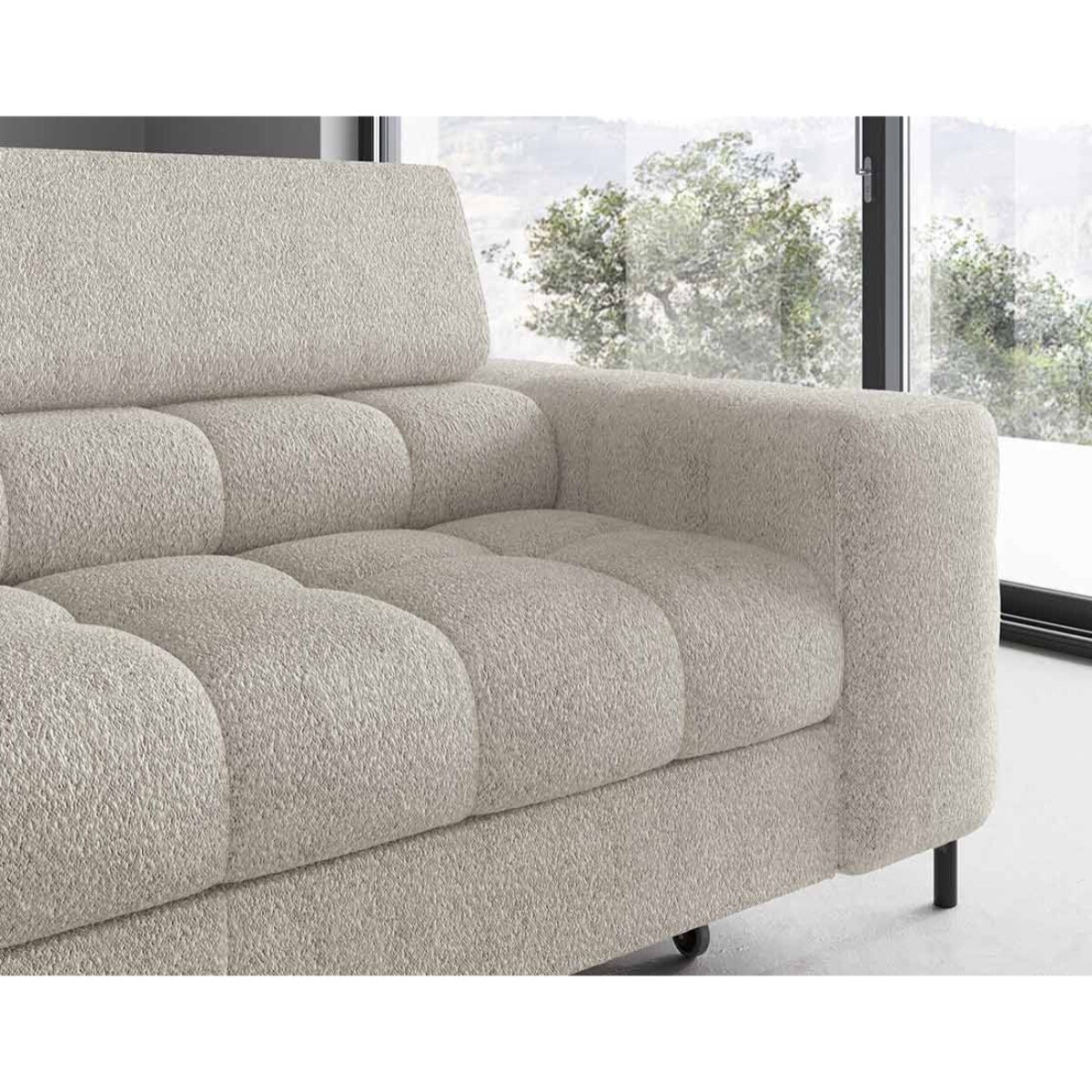 Elisa - canapé d'angle gauche 5 places convertible avec coffre et têtières réglables en tissu bouclette - Beige