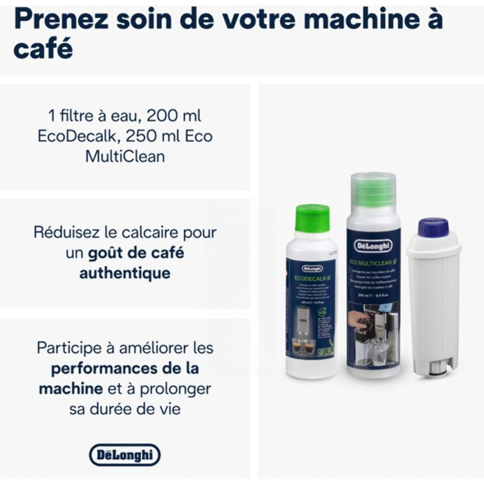 Kit d'entretien DELONGHI DLSC 306 détartrant, produit entretien carafe, chiffon, test dureté de l'eau