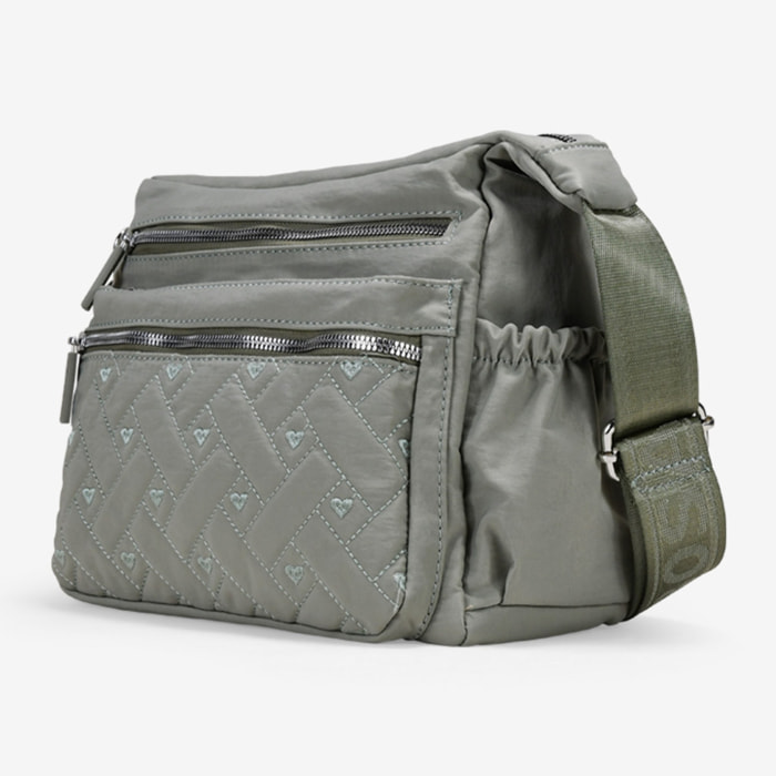 Bolso bandolera taupe con cremallera y cosido de corazones