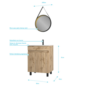 Pack Meuble SDB 60cm sur pieds 2 portes Chene_Vasque blanche + Miroir Barber - TIMBER 60_Pack22
