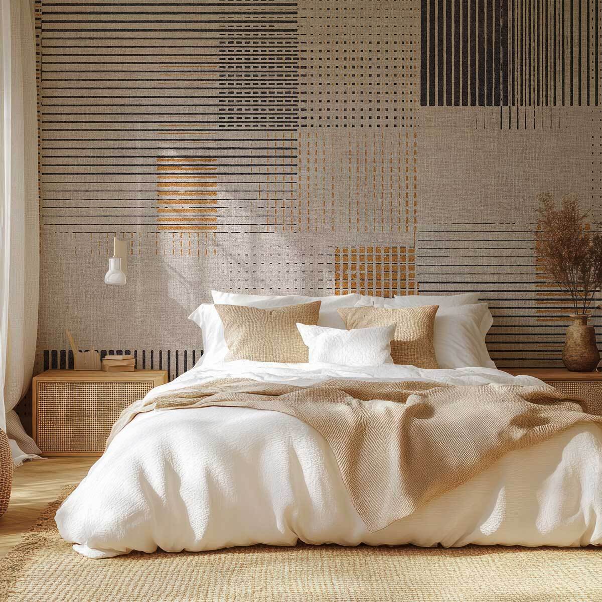 Papier peint graphique lignes modernes beige et noir Intissé