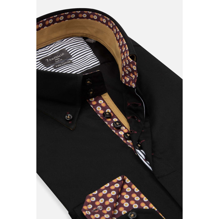 Camicia Uomo 2 Bottoni Button Down Slim Satin Unito Nero