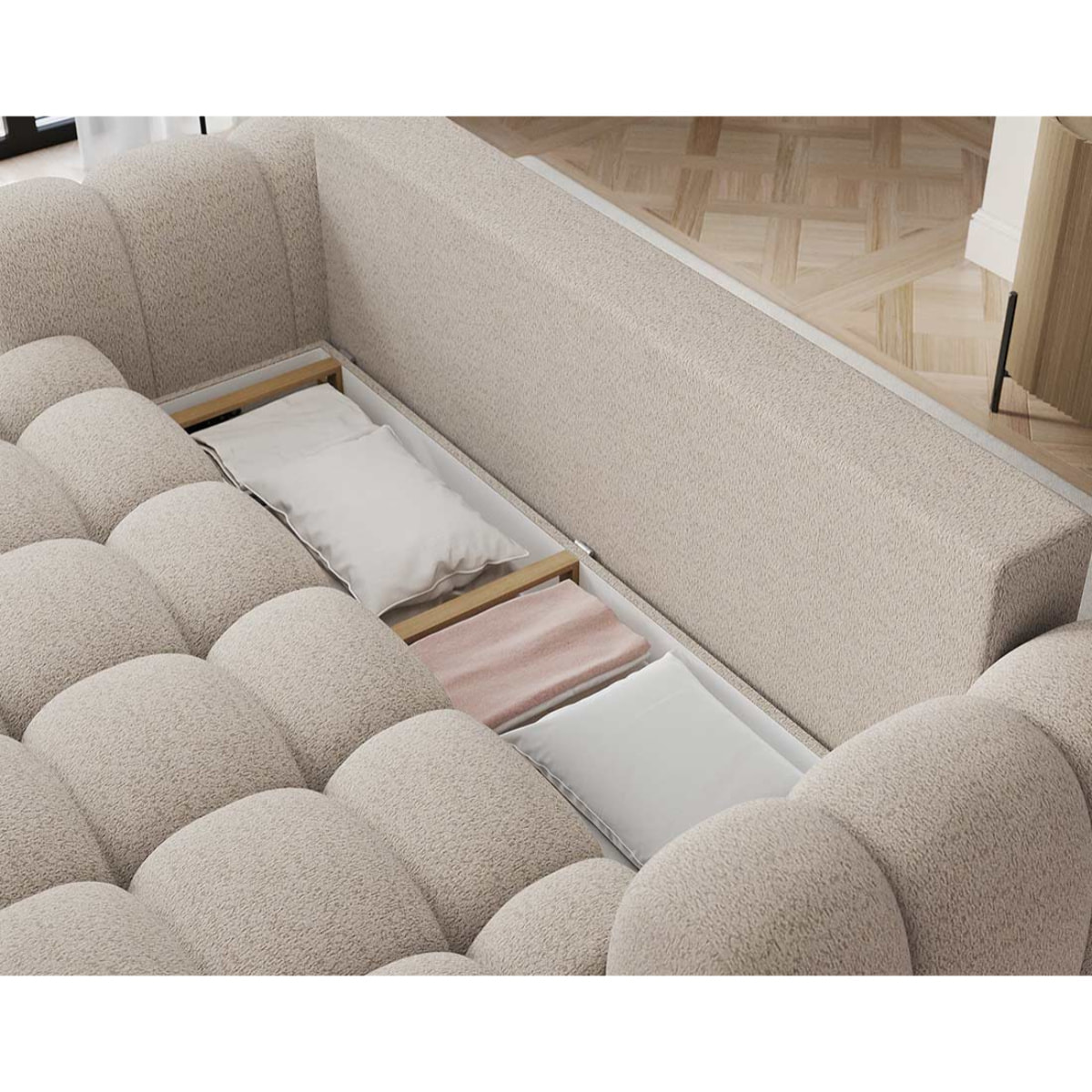 Dorian - Canapé droit 3 places convertible avec coffre en tissu bouclette - Beige
