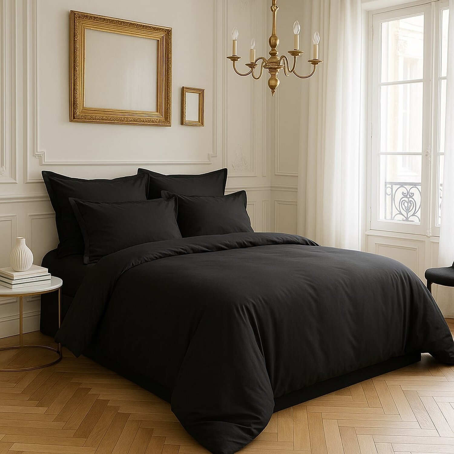 Housse De Couette 100% Satin de Coton lavé 105 Fils Noir