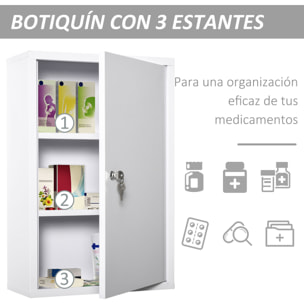 kleankin Armario Botiquín de Pared Botiquín de Emergencia de Metal con 3 Estantes de Almacenaje y Cerradura con 2 Llaves para Baño Cocina 40x18x60 cm Blanco