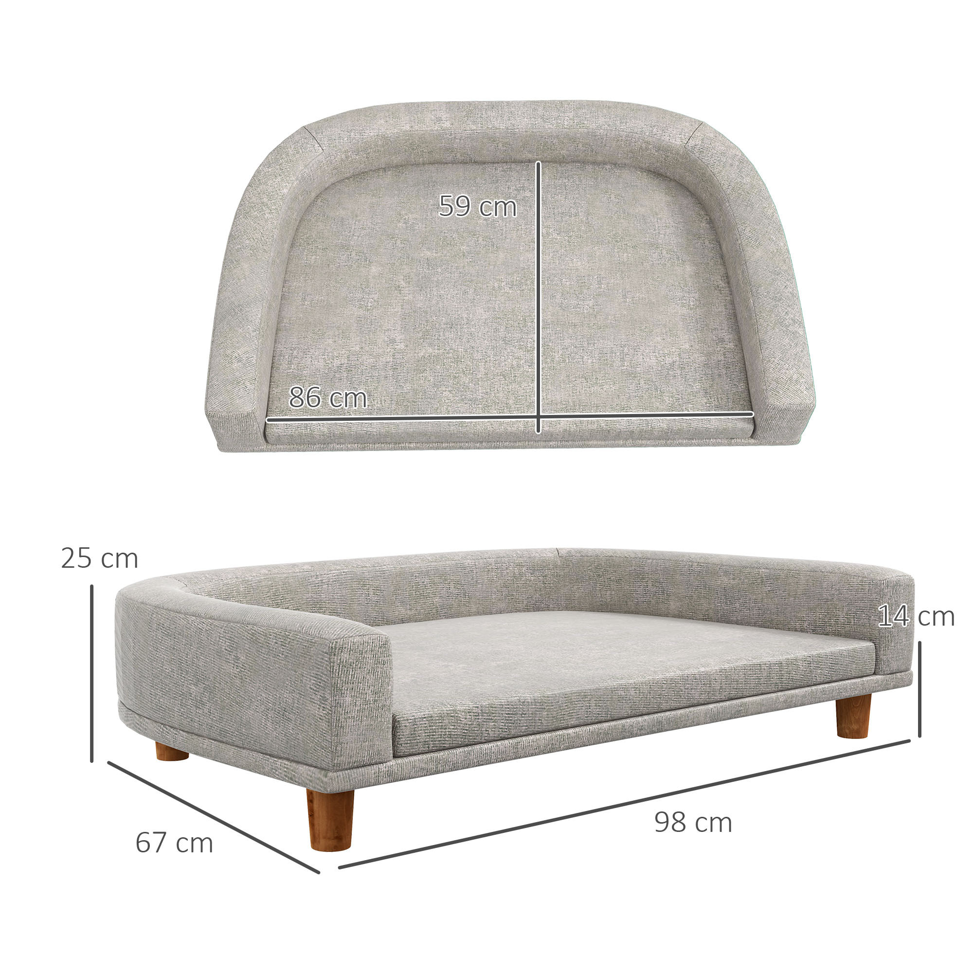 Sofá para Perros Grandes Cama Elevada para Perros Tapizada con Cojín Lavable y Patas de Madera de Pino Carga 40 kg 98x67x25 cm Gris