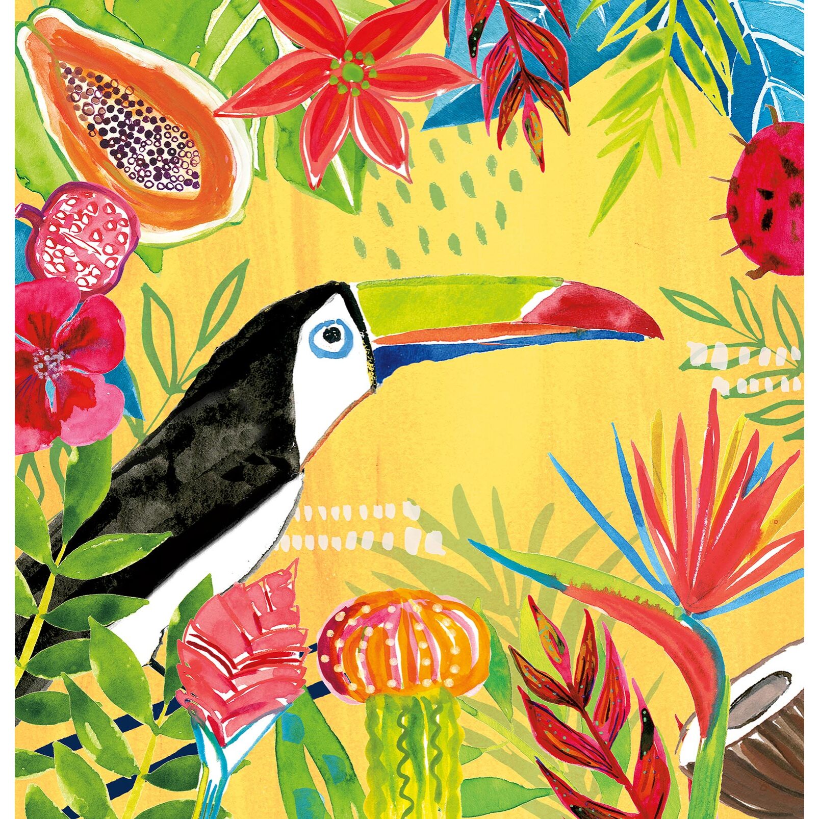 Papier peint exotique toucan et fruits Intissé