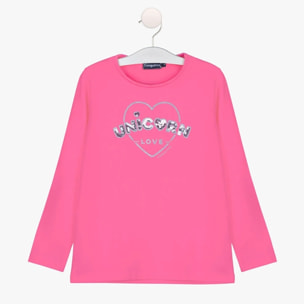 Camiseta de Niña de Manga Larga en Rosa con Estampado de Lentejuelas