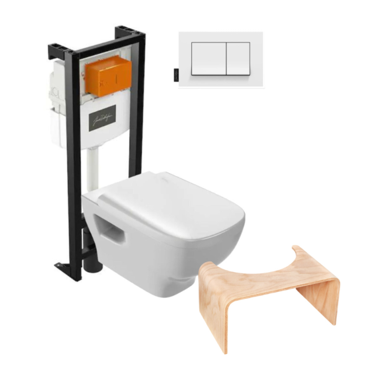 Pack WC suspendu sans bride Struktura+ bâti-support + plaque blanc + tabouret bois