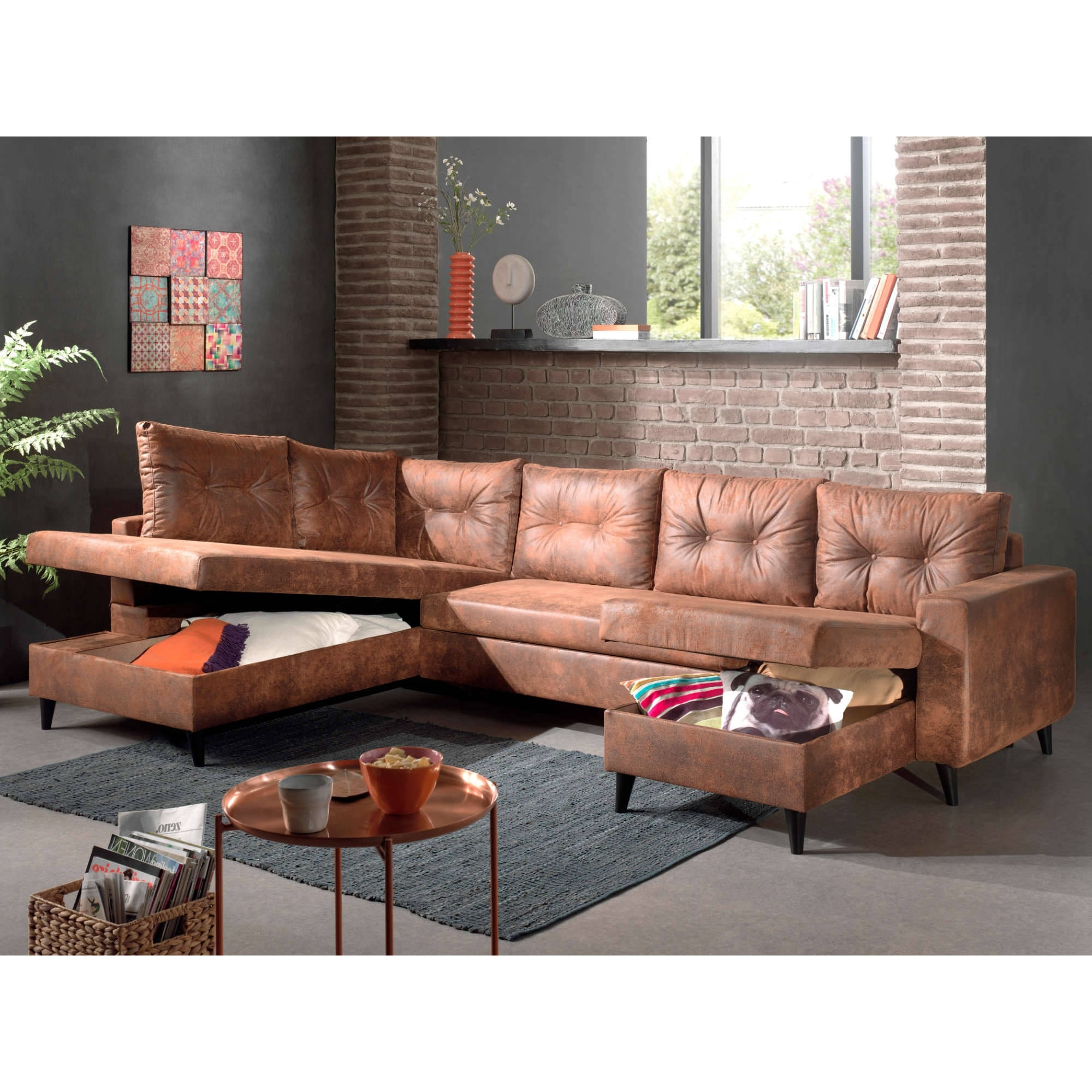 NORDIC - Canapé panoramique en U - 7 places - Convertible - Industriel vintage - Angle Gauche - Marron