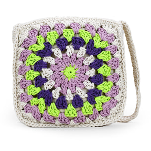 Bolso de crochet cuadrado lila y multicolor