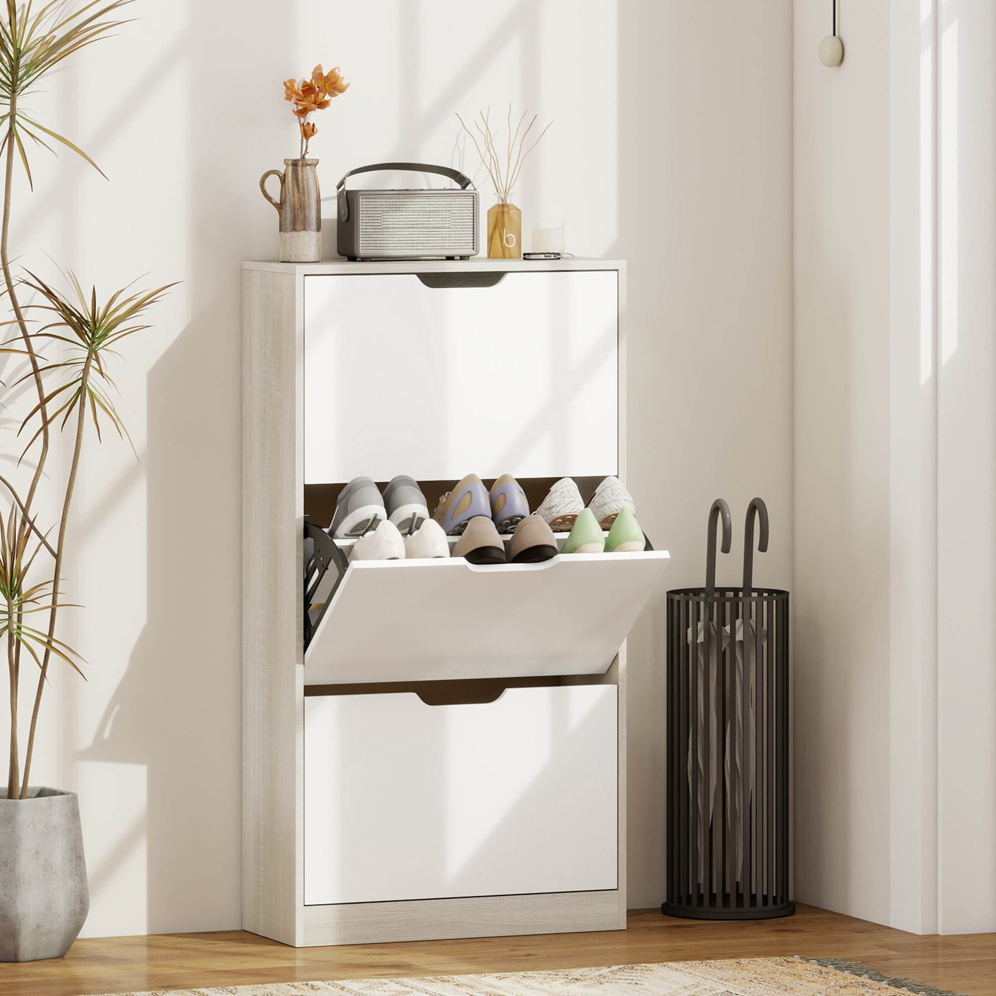 Zapatero Estrecho, 3 Puertas Abatibles, Zapatero Entrada Recibidor para 18 Pares de Zapatos, para Pasillo, Espacios Reducidos, 62,5x26x117,5 cm, Roble y Blanco
