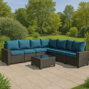 SONIA Salon de jardin d'angle 7 places en résine tressée avec table gris et bleu