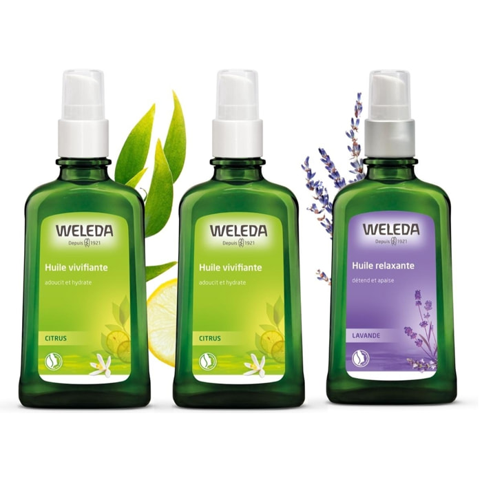 WELEDA - DUO rituel corps - Huile vivifiante au citrus + Huile relaxante à la lavande - Vegan*- Certifié Natrue**- Flacon pompe en verre 2*100ml