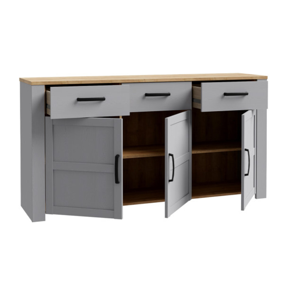 Buffet salon moderne bois gris 3 tiroirs 3 portes L166 cm - ST MALO