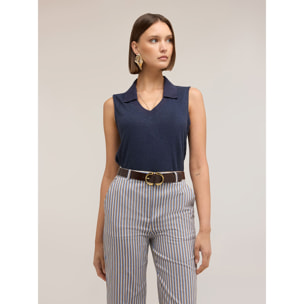 Motivi - Top scollo a V in misto lino con colletto - Blu