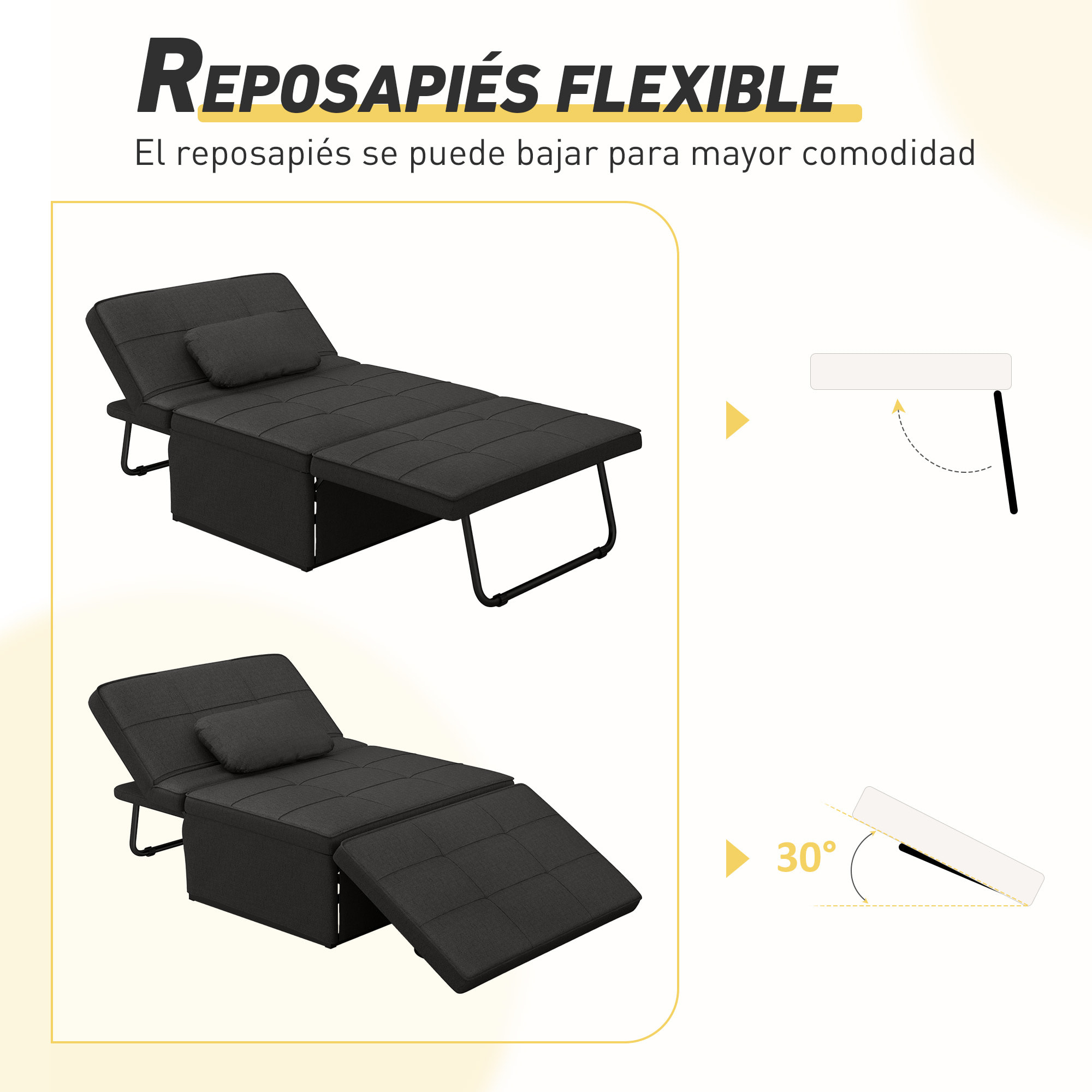 Sofá Cama Plegable 3 en 1 Sofá Cama de 1 Plaza Tapizado en Lino Sofá Cama Convertible con Respaldo Ajustable en 5 Posiciones Reposapiés y Reposacabezas Carga 200 kg Negro