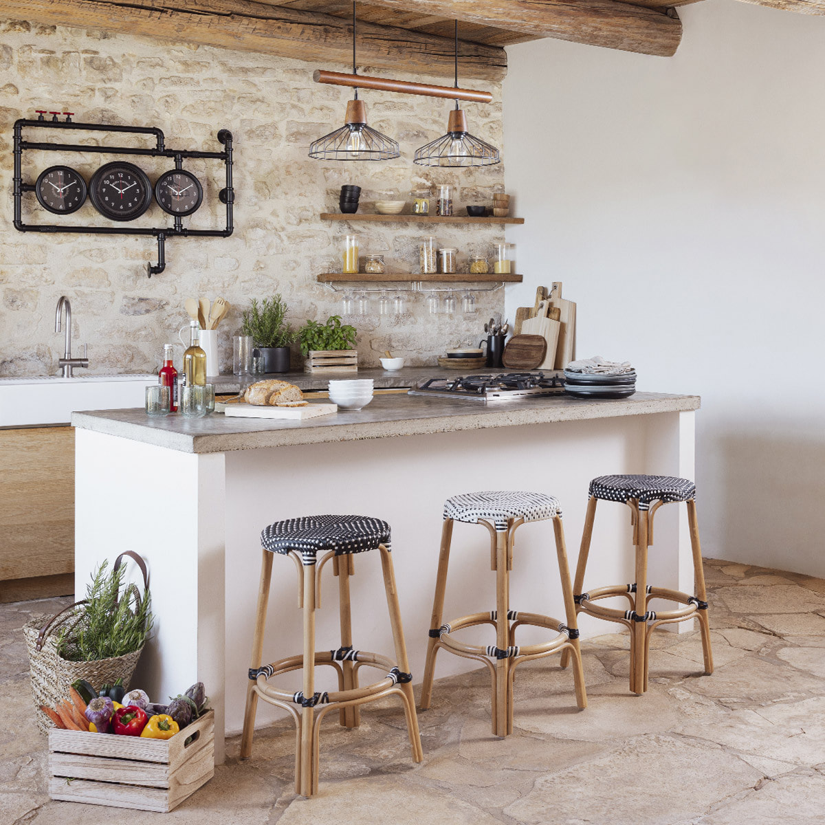 Tabouret de bar "Trecia" en rotin 40x40cm blanc