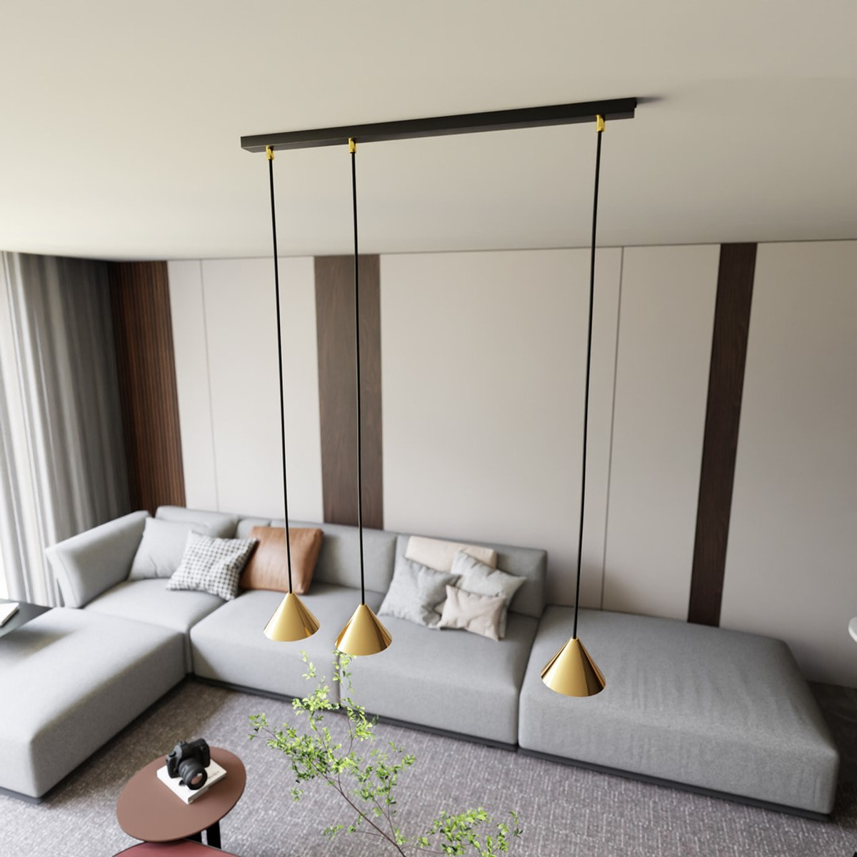 Lampada a sospensione ELIT con tre diffusori conici in oro