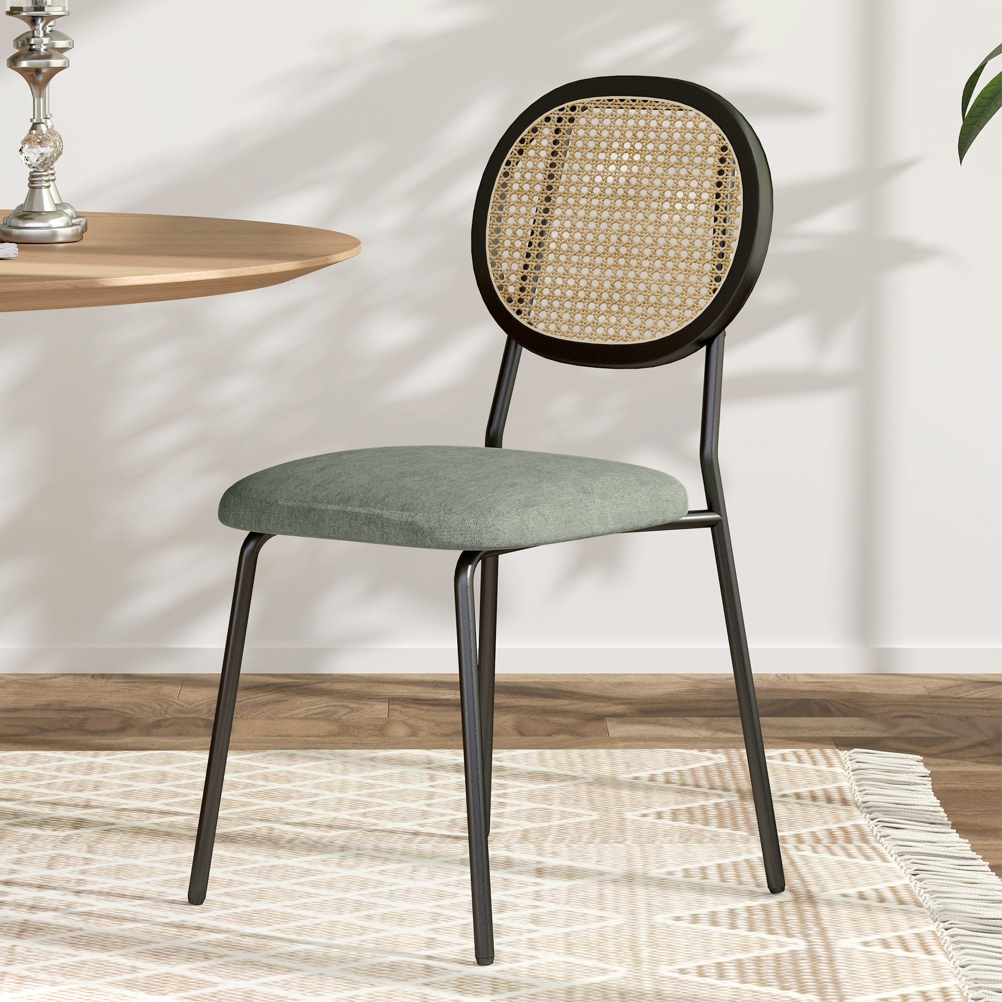 Pack de 2 Sillas de Comedor Sillas de Cocina con Respaldo de Ratán Sintético y Marco de Acero para Salón 44x54x87 cm Verde Oscuro y Negro