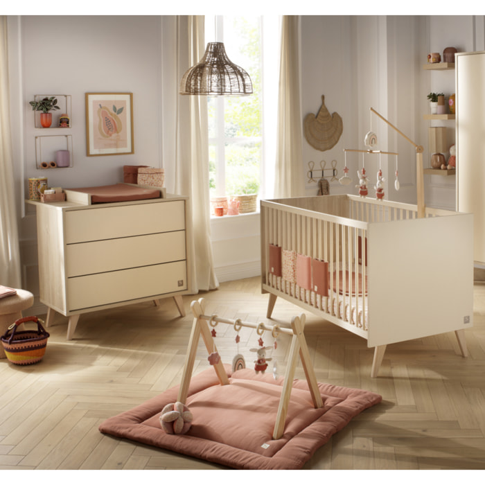 Chambre bébé évolutive Mélinée, Lit 140x70 évolutif et Commode à langer 3 tiroirs - Chêne sépia