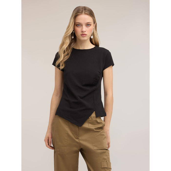 Motivi - T-shirt con drappeggio laterale asimmetrico - Nero