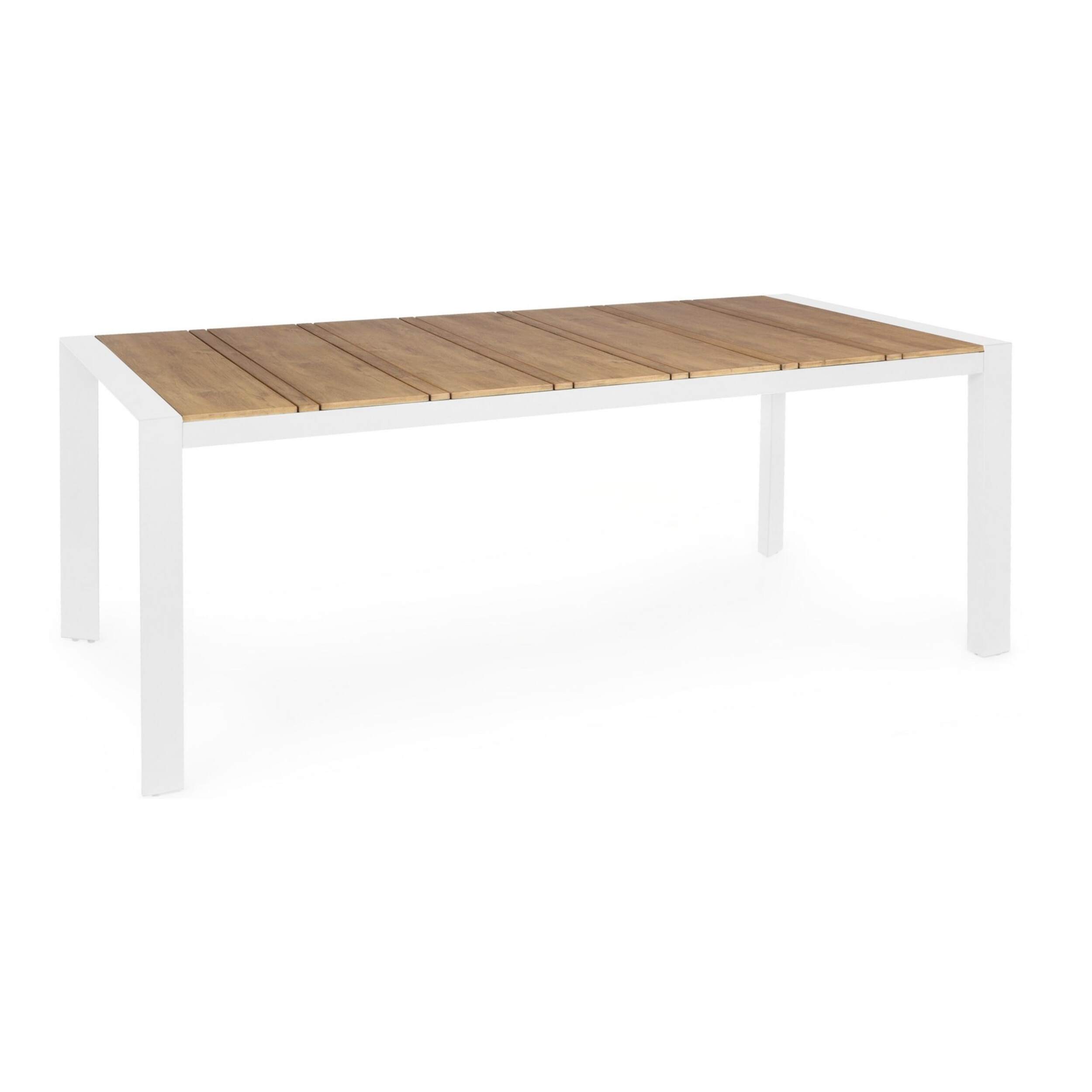Tavolo da giardino ELIAS con piano color teak e struttura in alluminio bianco, 198×100 cm