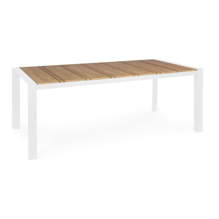 Tavolo da giardino ELIAS con piano color teak e struttura in alluminio bianco, 198×100 cm
