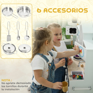 Cocina de Juguete de Madera con Sonido y Cortinas, Cocinita Infantil con Accesorios de Acero Inoxidable, Lavadora, Microondas, Fregadero, Juguetes para Niños a Partir de 3 Años, Blanco