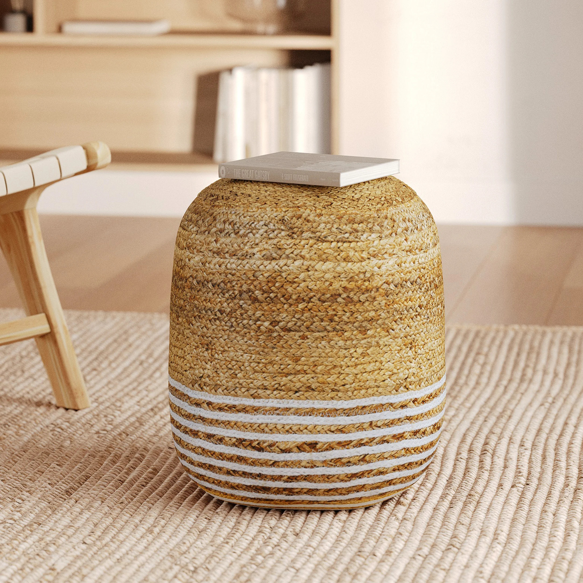 Pouf rond en jute, fines rayures blanches D40 cm - Billy